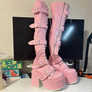 Brand New Demonia Camel 305 Baby Pink Patent Stretch Hologram Buckle Boots - 11
